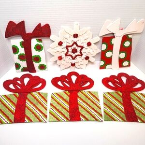 Festive Large Snowflake And Gifts Holiday Vintage Wood Decorations 6 Piece Lot